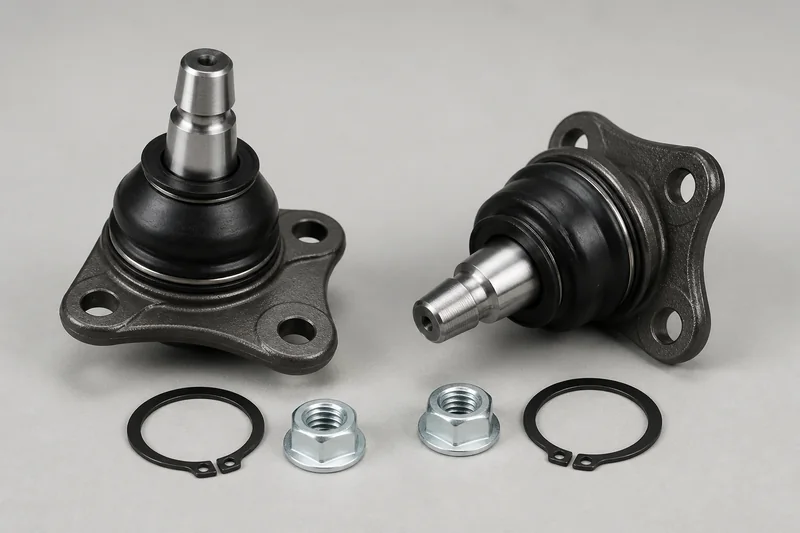Left and right unbranded front lower ball joints with tapered studs, dust boots, flanges, circlips and nuts