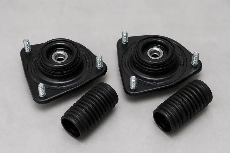 Two unbranded front strut top mounts with rubber isolators, metal bearing plates, studs and dust boots