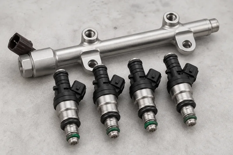 Four unbranded gasoline fuel injectors with electrical connectors, O-rings and compact fuel rail