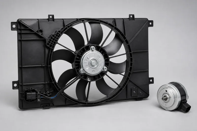 Unbranded radiator cooling fan assembly with electric motor, circular blade, connector and molded shroud