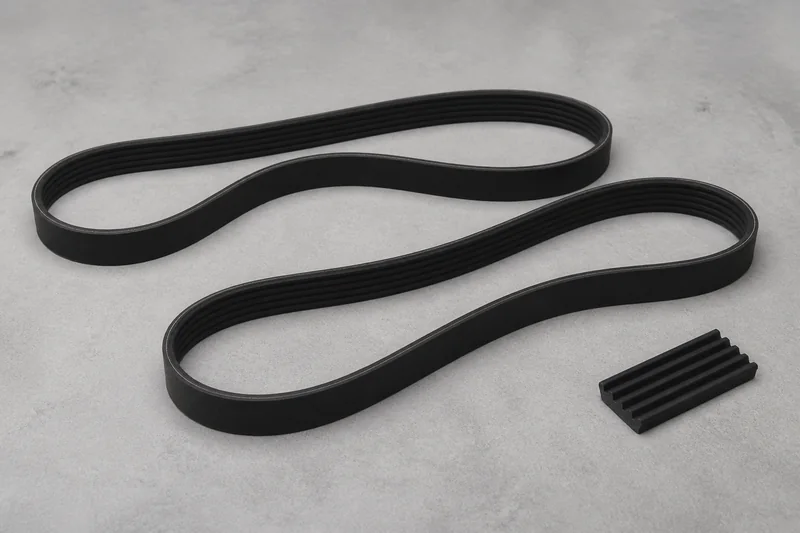 Two unbranded multi-rib serpentine drive belts arranged in open loops with rib profile clearly visible