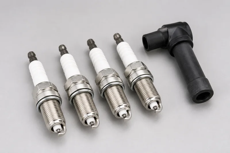 Four unbranded automotive spark plugs with ceramic insulators, threaded shells and electrode tips beside one ignition boot