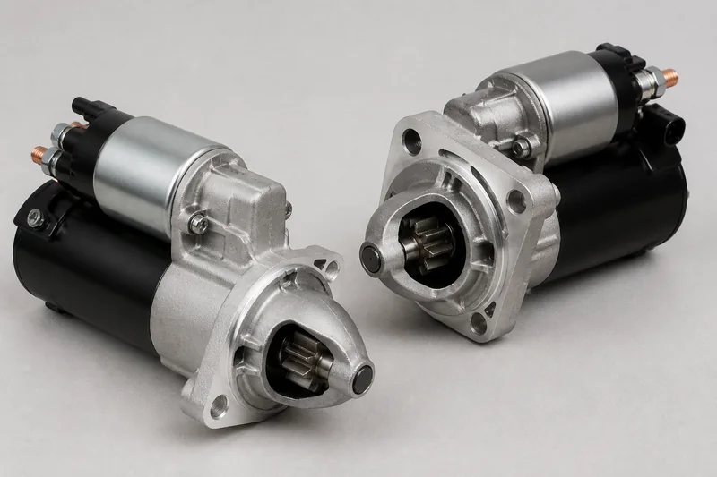 Two unbranded compact automotive starter motors with solenoids, drive pinions, mounting noses and terminals