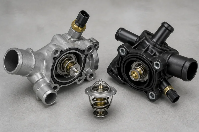 Unbranded aluminum and composite thermostat housings with coolant ports, sensors, seals and loose thermostat