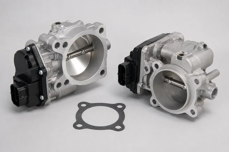 Two unbranded electronic throttle bodies with circular bores, butterfly plates, actuator housings and gasket
