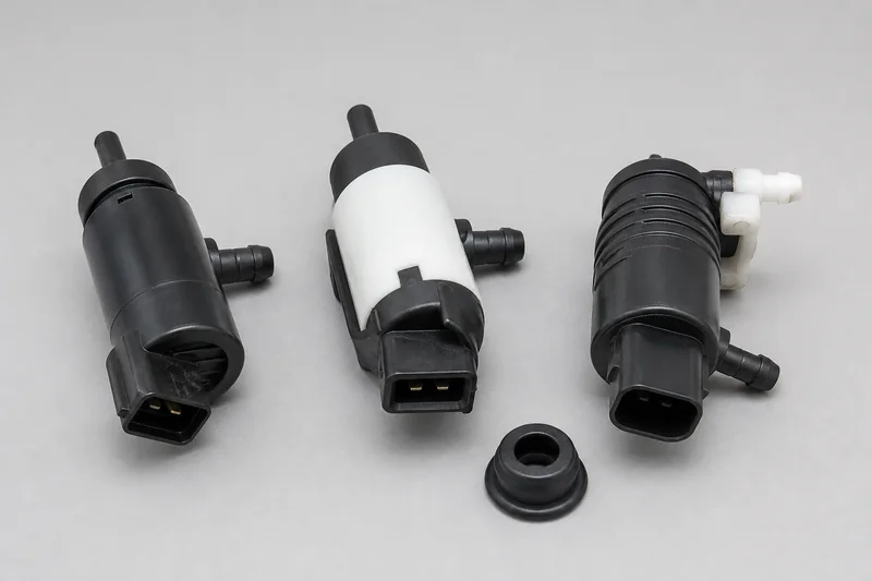 Three unbranded windshield washer pumps with electric motors, inlet grommets, outlet nipples and connectors