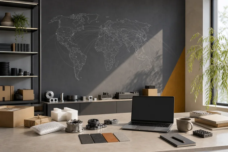 Modern China-based sourcing office with component samples, packing materials and a blank-screen laptop