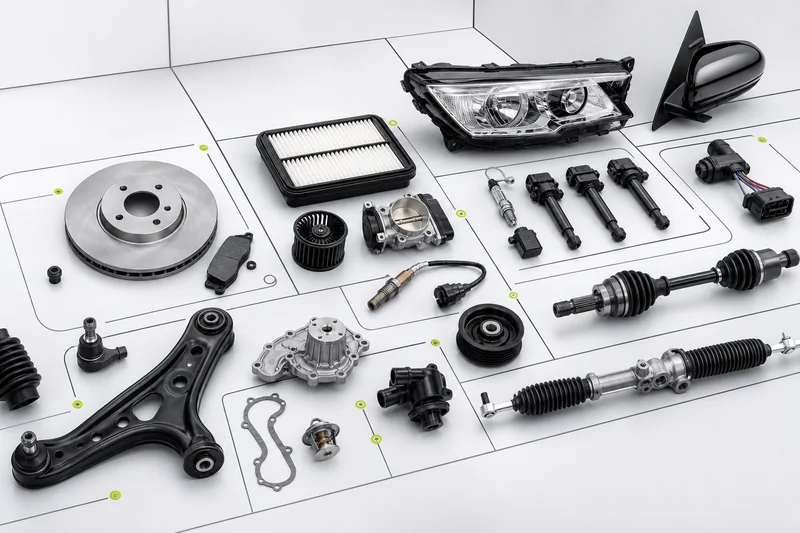 Organized unbranded Civic component library with brakes, filter, lamp, steering, suspension and electrical parts