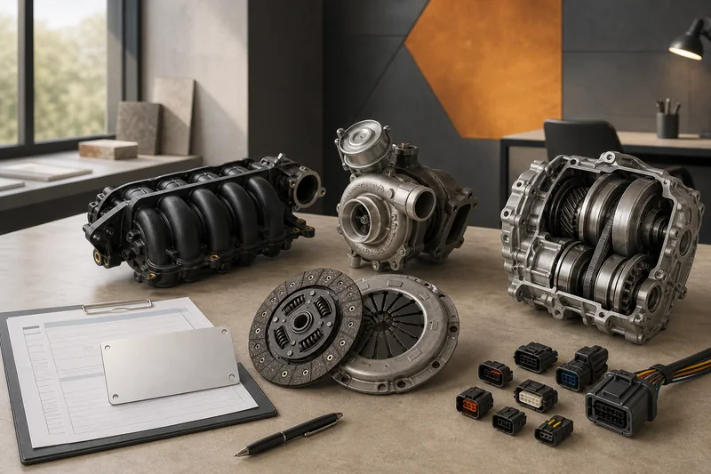 Unbranded engine, turbo, CVT, manual clutch and connector evidence arranged for drivetrain review