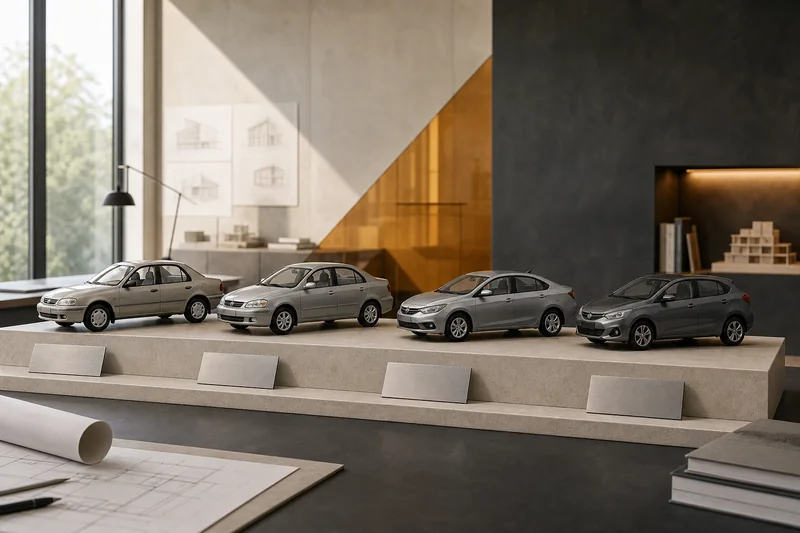 Four unbranded compact-car scale models showing changing sedan and hatchback proportions