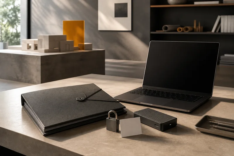 Closed document folder, lock and blank-screen devices representing careful enquiry-data handling