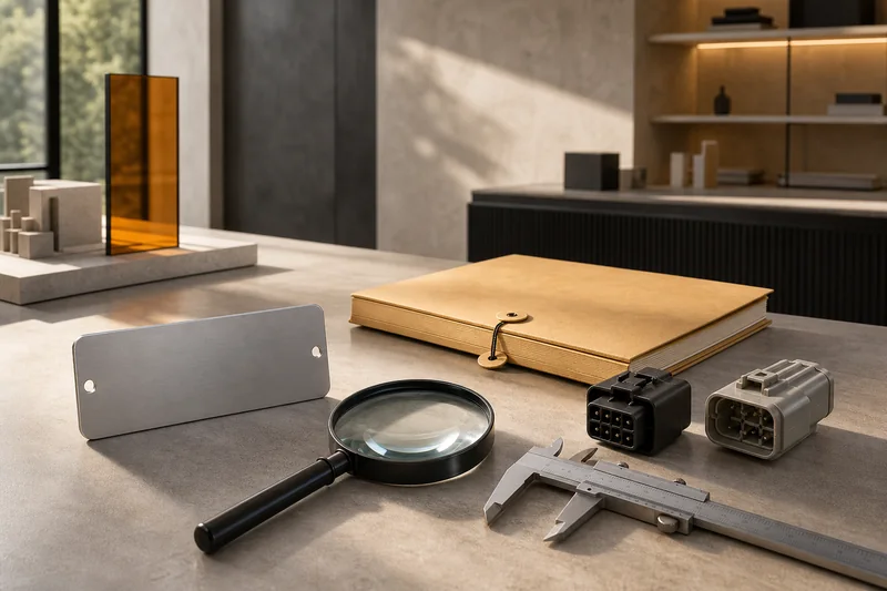 Magnifier, caliper, sealed folder and different connectors representing identification limits