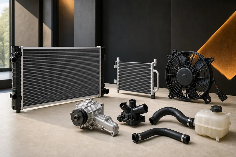 Unbranded radiator, water pump, thermostat housing, fan, reservoir and capped cooling hoses
