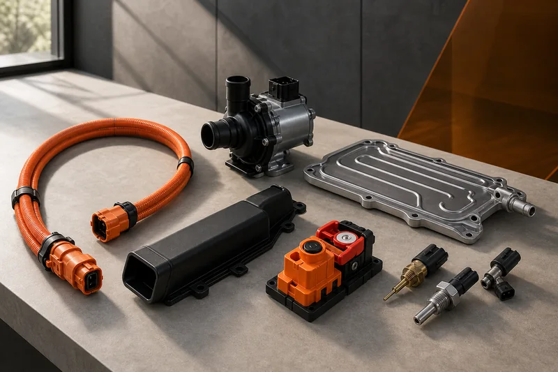 Unbranded orange high-voltage cable, electric coolant pump, cooling plate, duct and service components